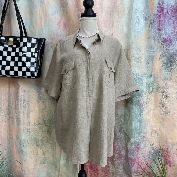 📌Harve Benard Linen Casual Botton Down Blouse with short Sleeves - Picture 1 of 15